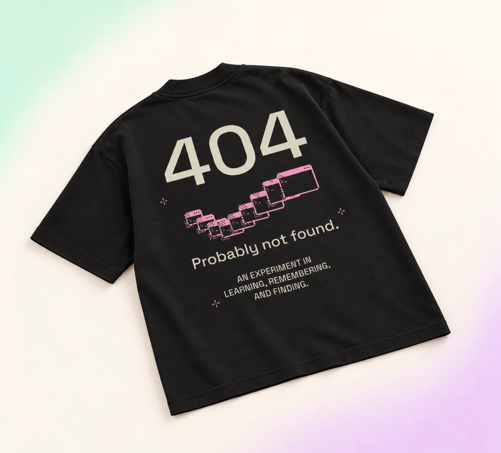 Final AI-generated mockup of the 404 adult tee with an overlapping window trail