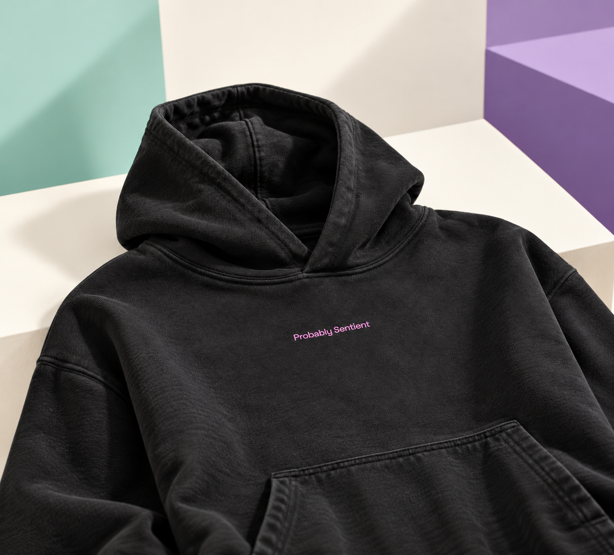 AI-generated detail mockup of the Probably Sentient hoodie